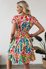 Sky Blue Abstract Print V Neck Dolman Sleeve Ruffle Tiered Mini Dress Dresses JT's Designer Fashion