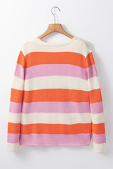 Orange Stripe Colorblock V Neck Casual Sweater Sweaters JT's Designer Fashion