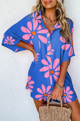 Blue Summer Flower Print Shirt Collar Button Front Loose Romper Jumpsuits & Rompers JT's Designer Fashion