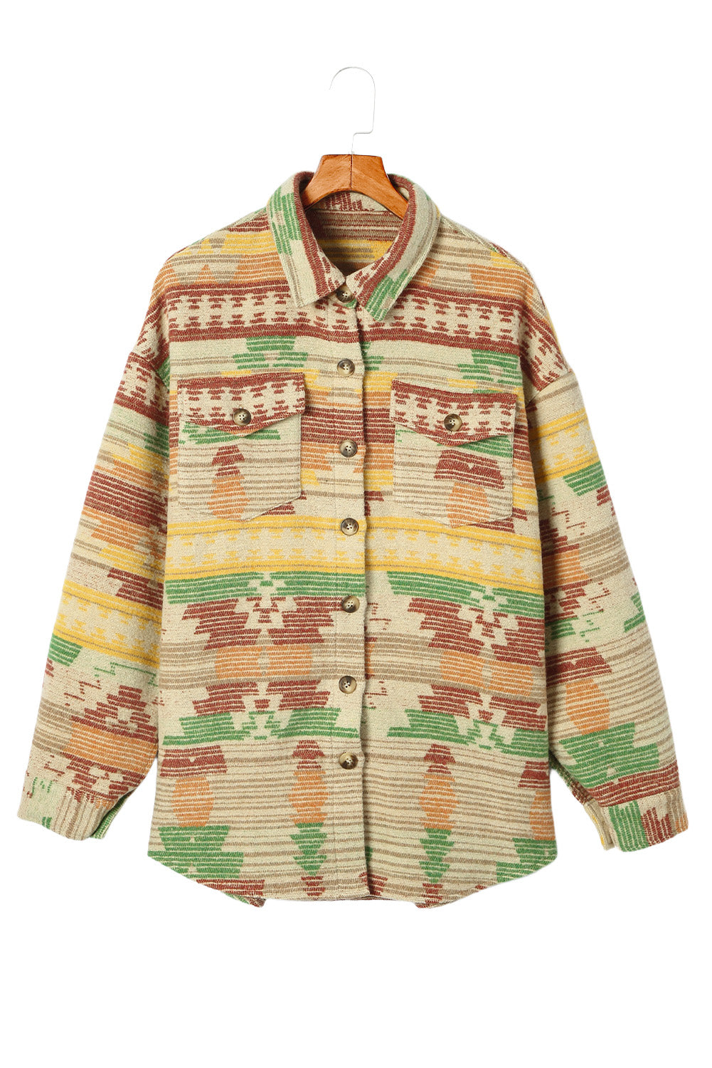 Yellow Western Aztec Print Button Flap Pocket Shacket Jackets JT's Designer Fashion