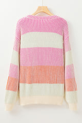 Pink Colorblock Textured Knit Bubble Sleeve Sweater Sweaters JT's Designer Fashion