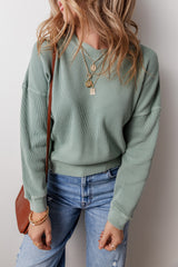 Clearly Aqua Waffle Knit Drop Shoulder V Neck Top Long Sleeve Tops JT's Designer Fashion
