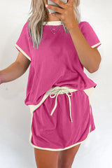 Rose Red Colorblock Edge Drop Shoulder T Shirt and Skort 2Pcs Set Two Piece Dresses JT's Designer Fashion