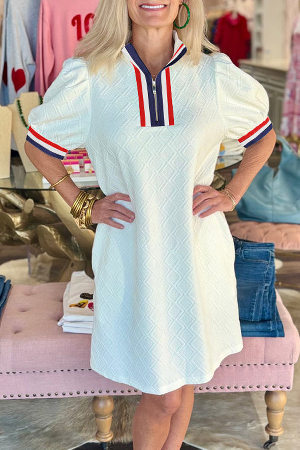 White Textured Jacquard Colorblock Edge Puff Sleeve Quarter Zip Mini Dress Dresses JT's Designer Fashion