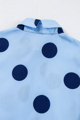 Sky Blue Polka Dot Print Ruffled Short Sleeve Buttoned Collared Blouse Blouses & Shirts JT's Designer Fashion