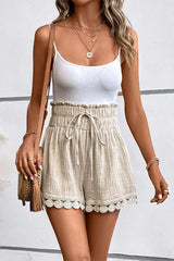 Apricot Textured Frilled Knotted High Waist Lace Hem Shorts Casual Shorts JT's Designer Fashion