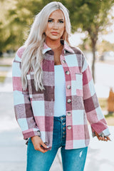 Plaid Color Block Buttoned Long Sleeve Jacket with Pocket Plaid Shackets JT's Designer Fashion