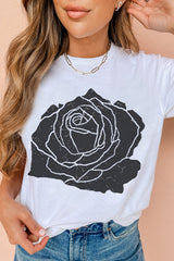 White Large Rose Print Round Neck T Shirt Graphic Tees JT's Designer Fashion