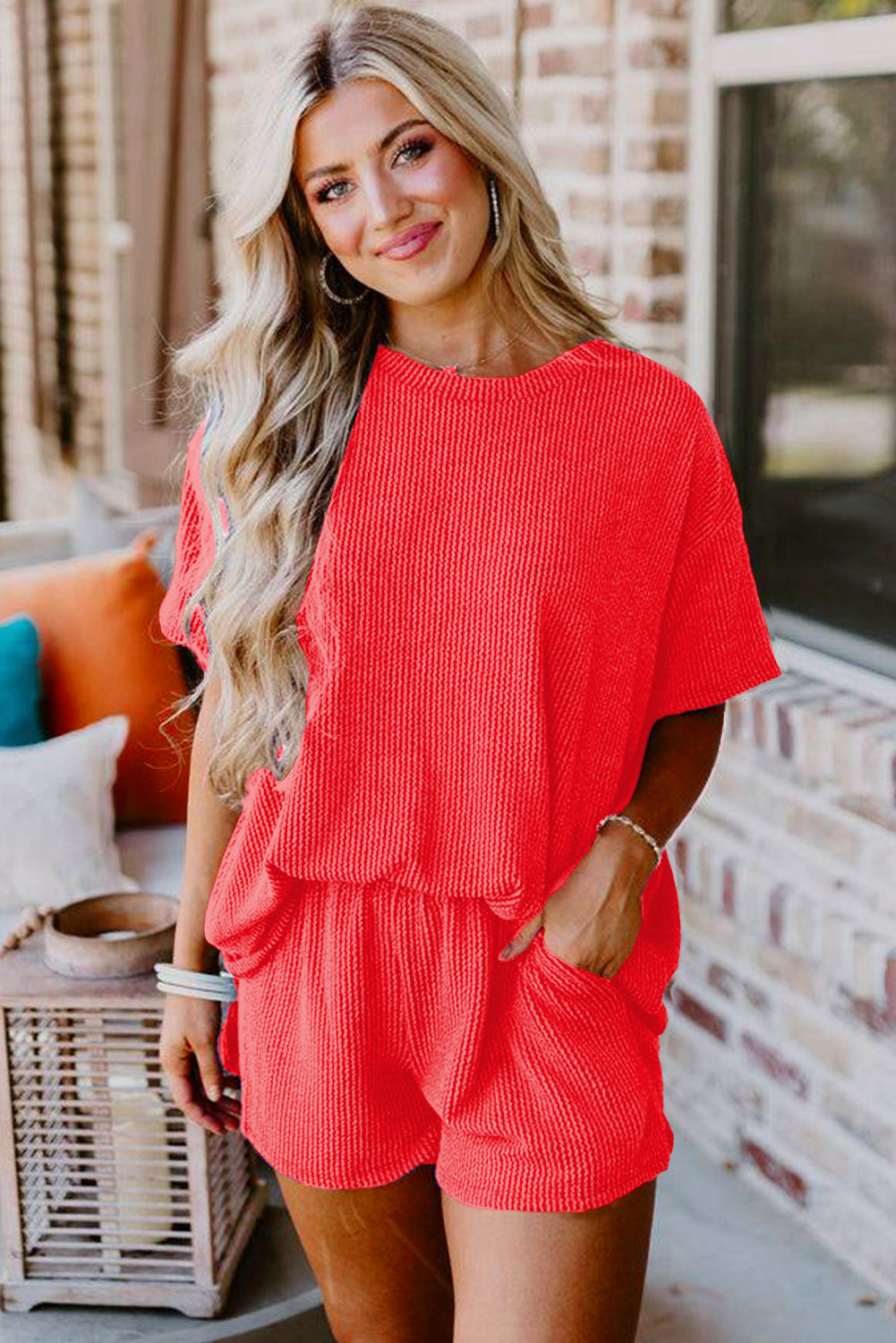 Ribbed Textured Knit Loose Fit Tee and Shorts Set Short Sets JT's Designer Fashion