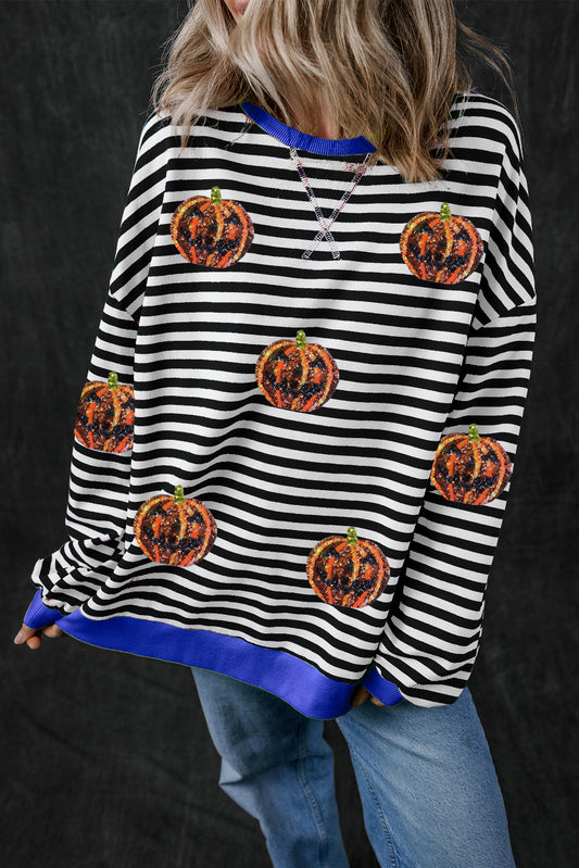 Black Stripe Funny Halloween Pumpkin Face Pattern Oversize Sweatshirt Black Stripe 95%Cotton+5%Elastane Graphic Sweatshirts JT's Designer Fashion