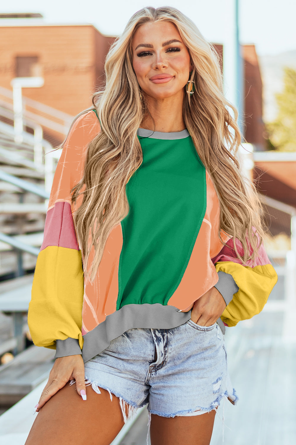 Dark Green Colorblock Patchwork Exposed Stitching Oversize Top Long Sleeve Tops JT's Designer Fashion