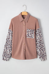 Dark Khaki Leopard Patched Twisted Ribbed Western Casual Shacket Jackets JT's Designer Fashion