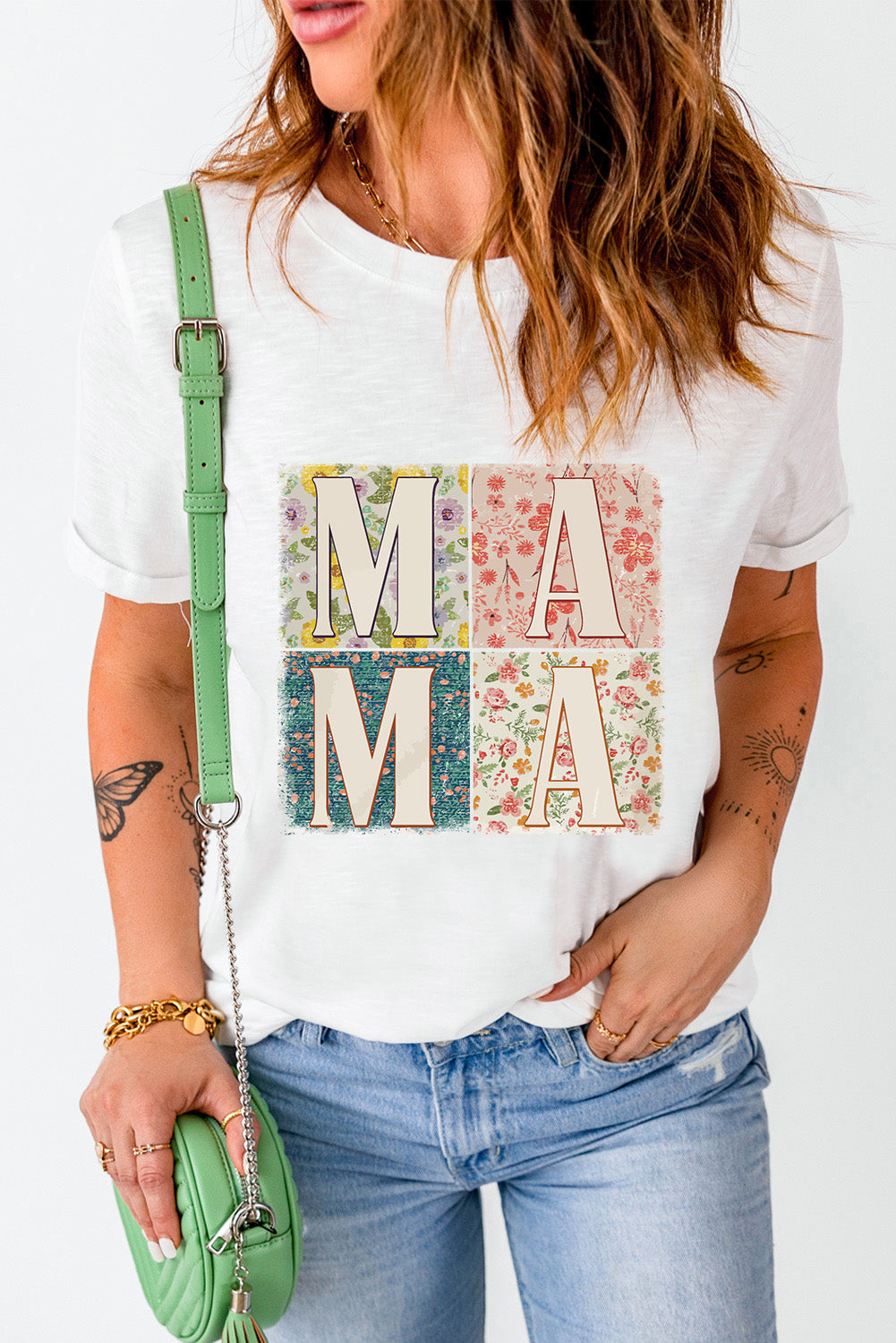 White MAMA Floral Block Graphic Casual T Shirt Graphic Tees JT's Designer Fashion