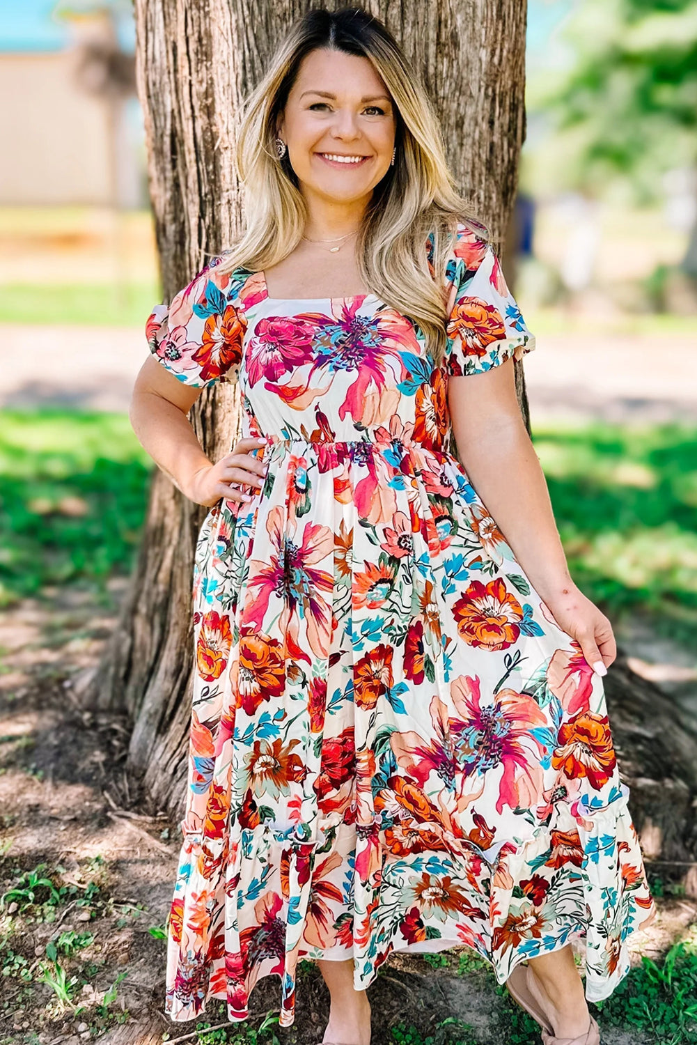 White Floral Square Neck Puff Sleeve Flowy Plus Size Midi Dress Plus Size Midi Dresses JT's Designer Fashion