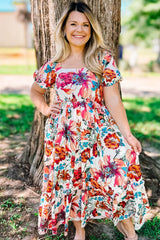 White Floral Square Neck Puff Sleeve Flowy Plus Size Midi Dress Plus Size Midi Dresses JT's Designer Fashion
