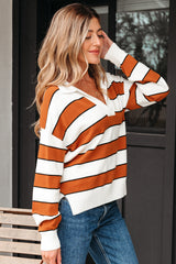 Brown Stripe Ribbed Polo Collar Drop Shoulder Sweater Sweaters JT's Designer Fashion