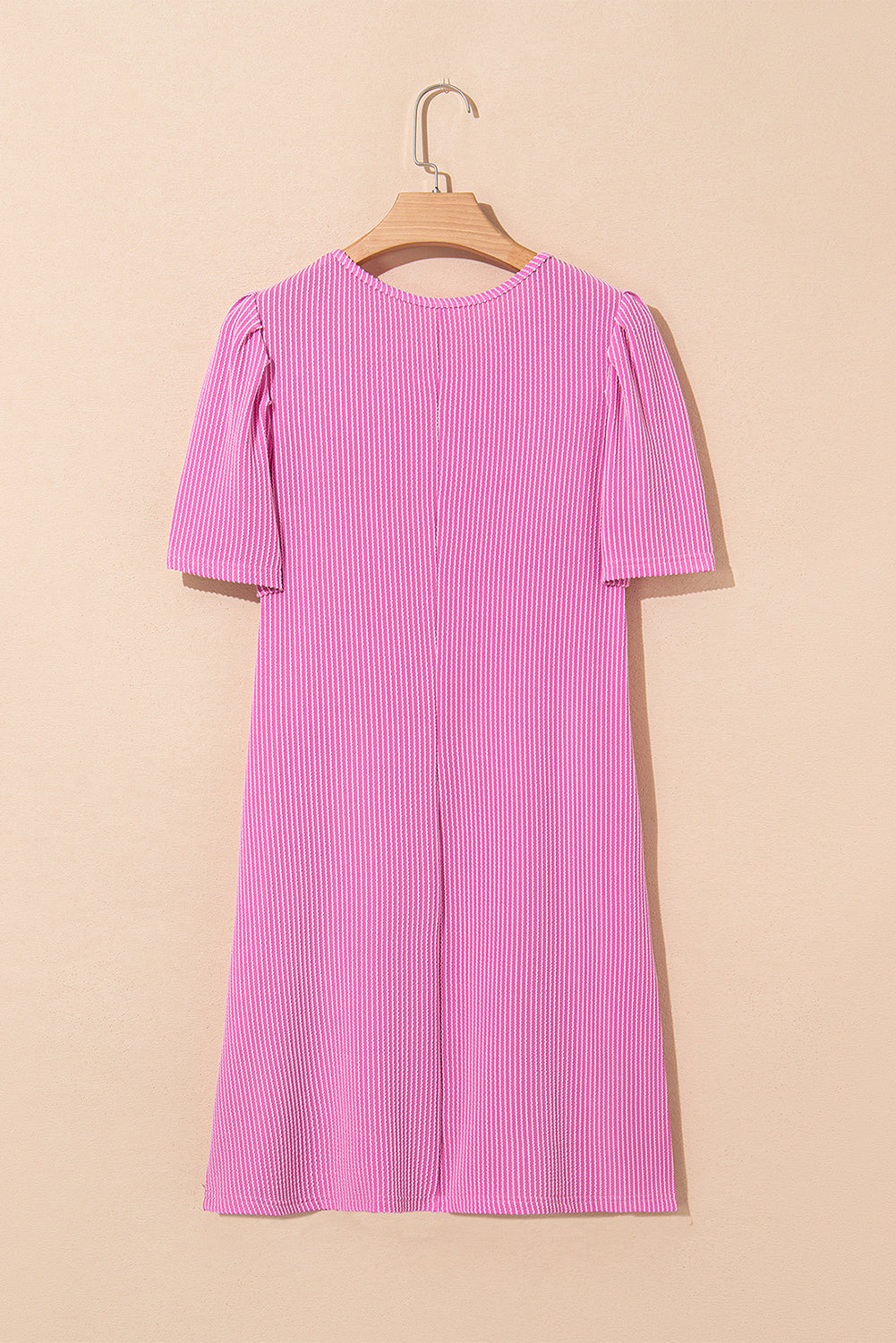 Bright Pink Corded Knit Crew Neck Puff Sleeve Shift Mini Dress T Shirt Dresses JT's Designer Fashion