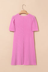 Bright Pink Corded Knit Crew Neck Puff Sleeve Shift Mini Dress T Shirt Dresses JT's Designer Fashion
