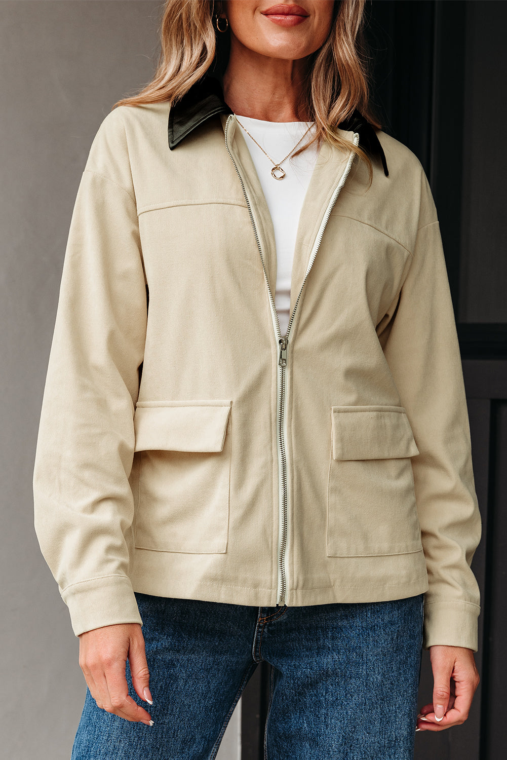 Parchment Contrast Leather Collar Textured Zip Up Jacket Jackets JT's Designer Fashion