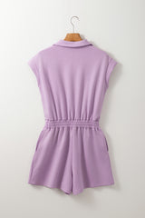 Orchid Bouquet Short Sleeve Zipper Collared Elastic High Waist Romper Jumpsuits & Rompers JT's Designer Fashion
