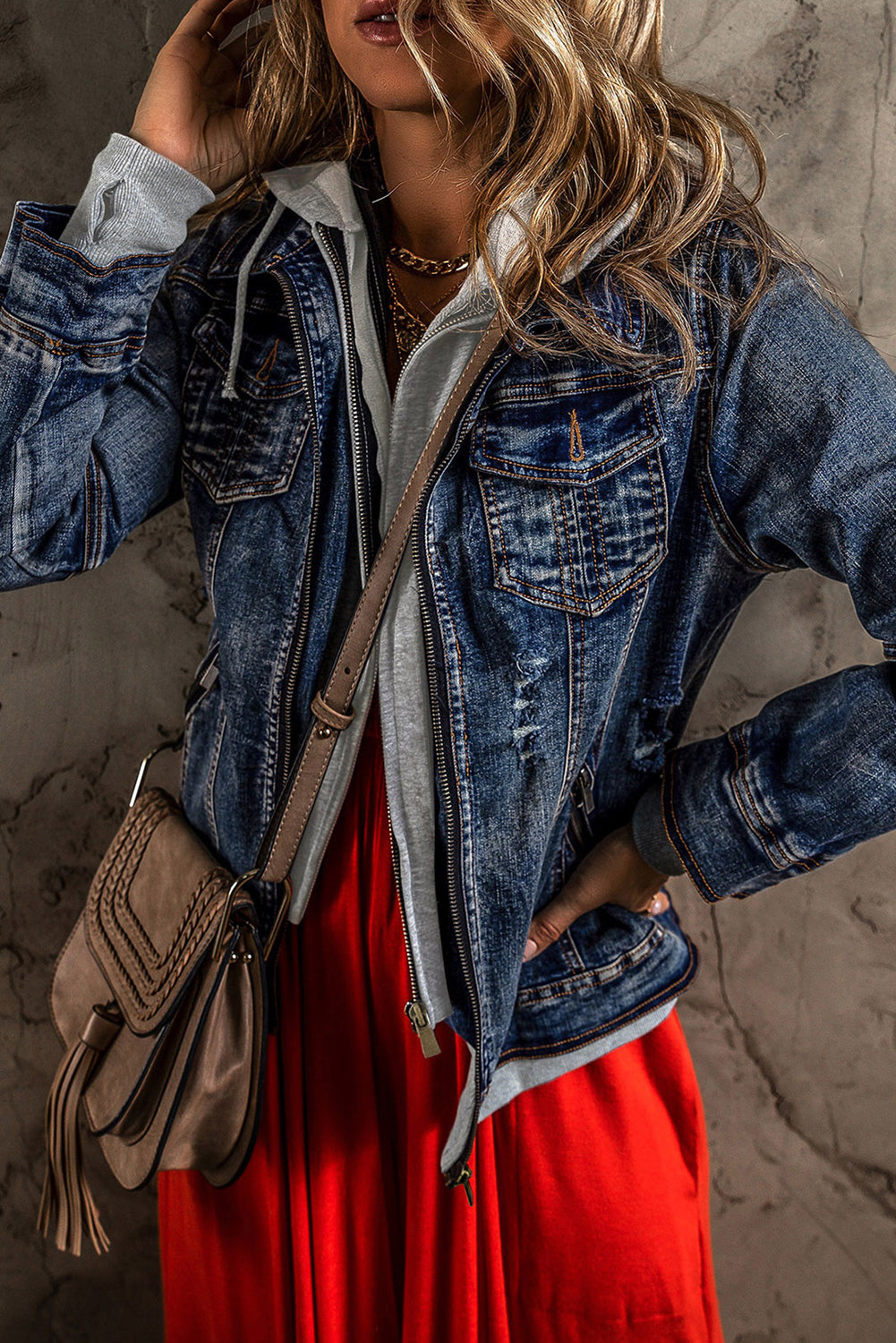 Dark Blue Fake Two-Piece Hooded Zip-Up Denim Jacket Denim Jackets JT's Designer Fashion