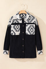 Black Aztec Patchwork Buttoned Corduroy Shacket Jackets JT's Designer Fashion
