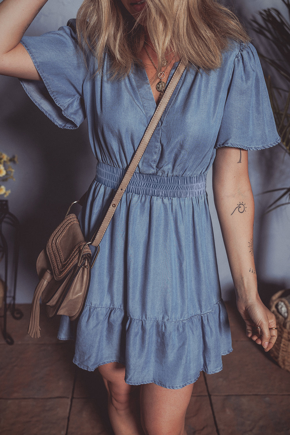 Ashleigh Blue Ruffled V Neck Smocked High Waist Denim Mini Dress Mini Dresses JT's Designer Fashion