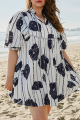 Black Plus Size Floral 3/4 Puff Sleeve Lace-up Neck Mini Dress Plus Size Mini Dresses JT's Designer Fashion