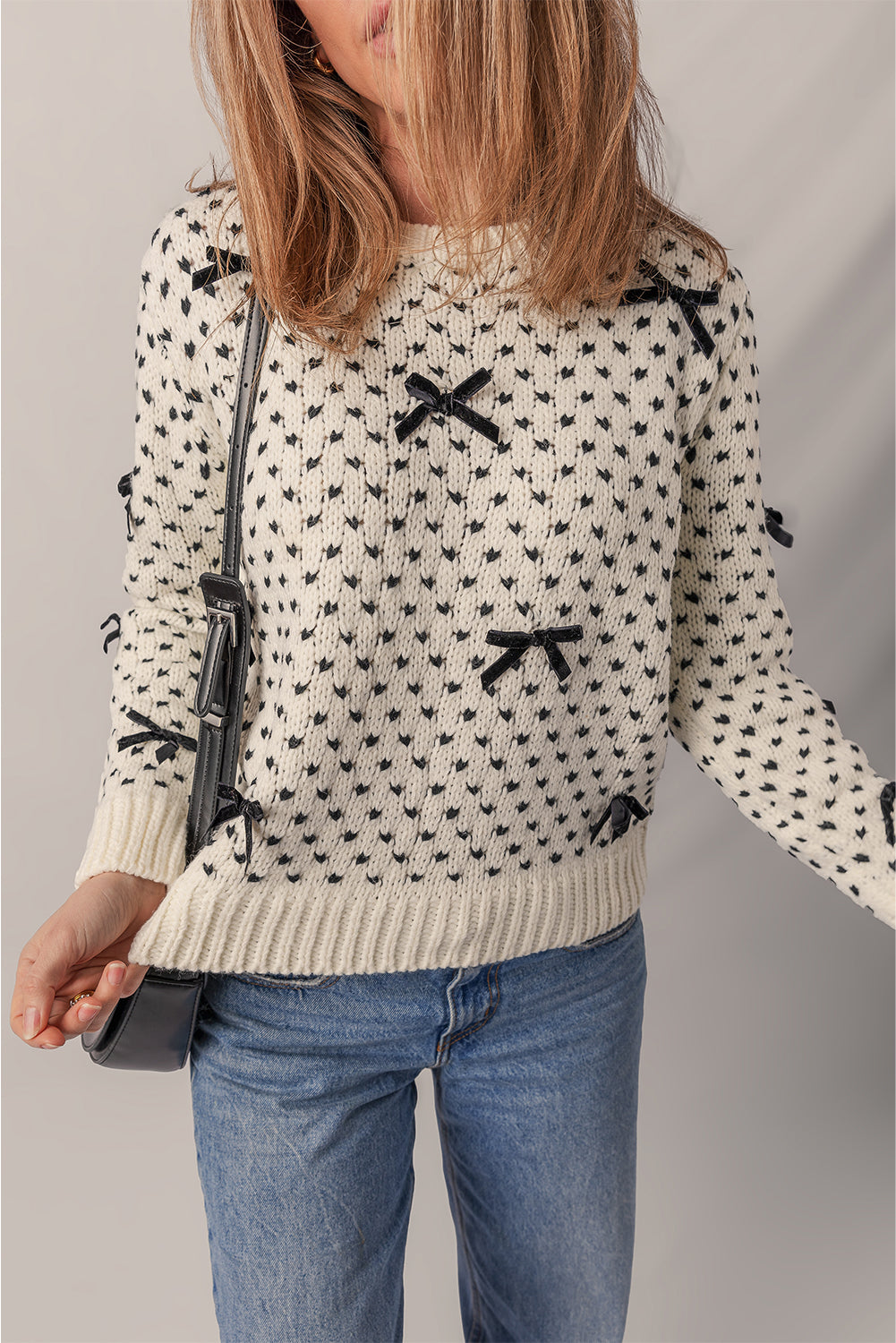 Beige Bow Decor Color Contrast Ribbed Edge Crew Neck Sweater Sweaters JT's Designer Fashion