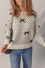 Beige Bow Decor Color Contrast Ribbed Edge Crew Neck Sweater Sweaters JT's Designer Fashion
