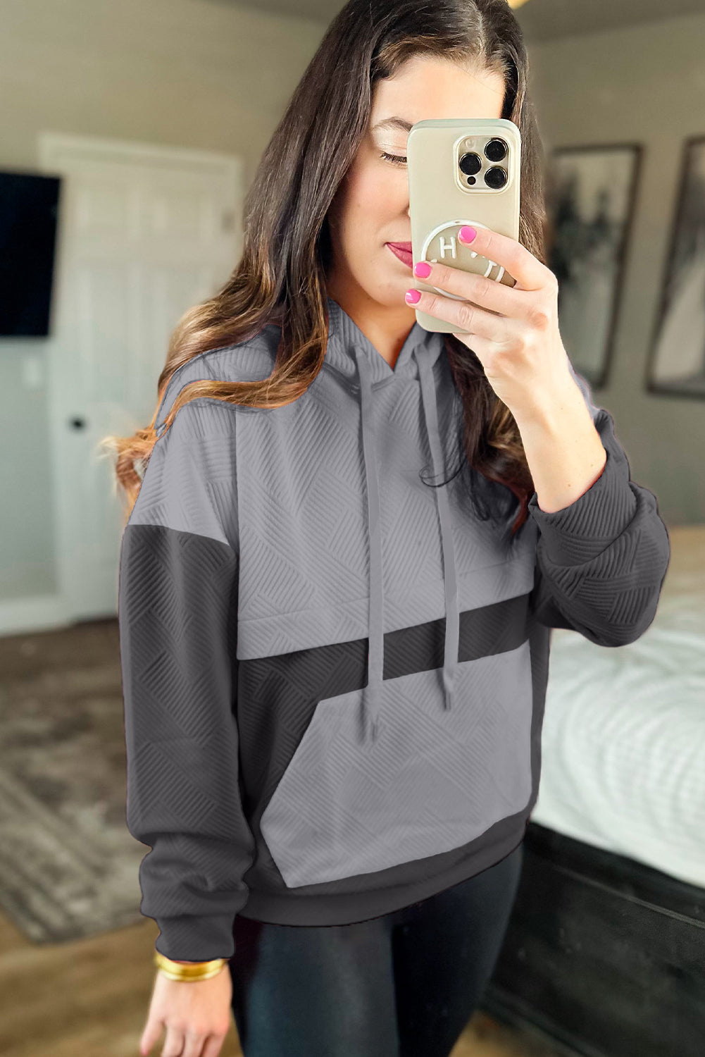 Gray Textured Color Block Kangaroo Pocket Drop Shoulder Hoodie Sweatshirts & Hoodies JT's Designer Fashion