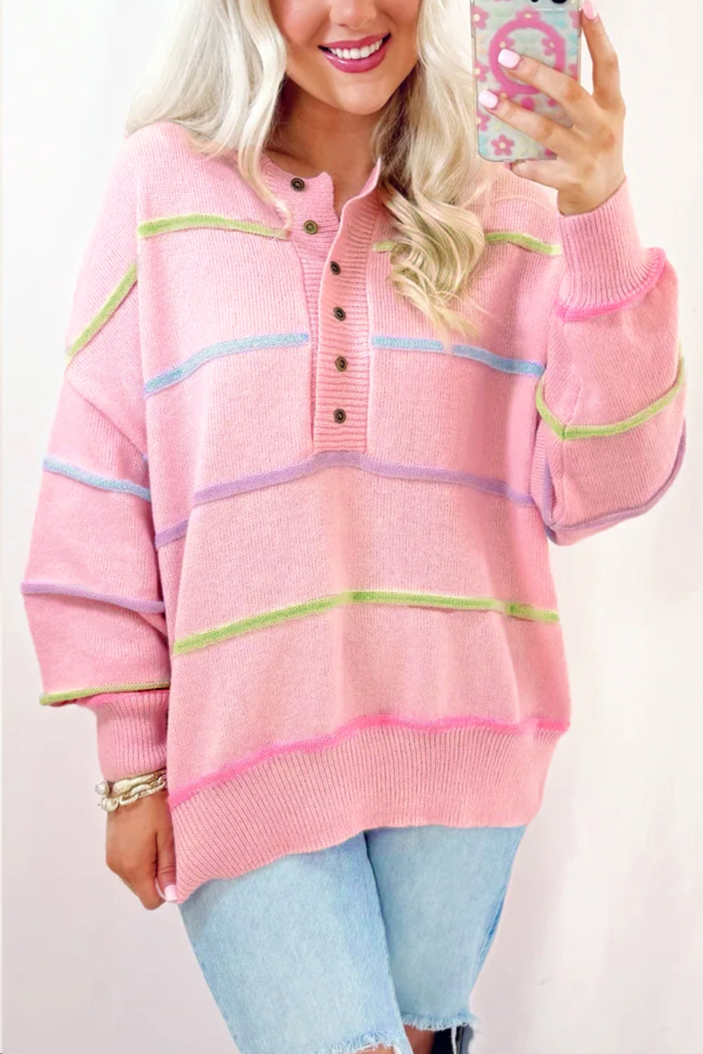 Pink Rainbow Stripes Drop Shoulder Baggy Henley Sweater Sweaters JT's Designer Fashion