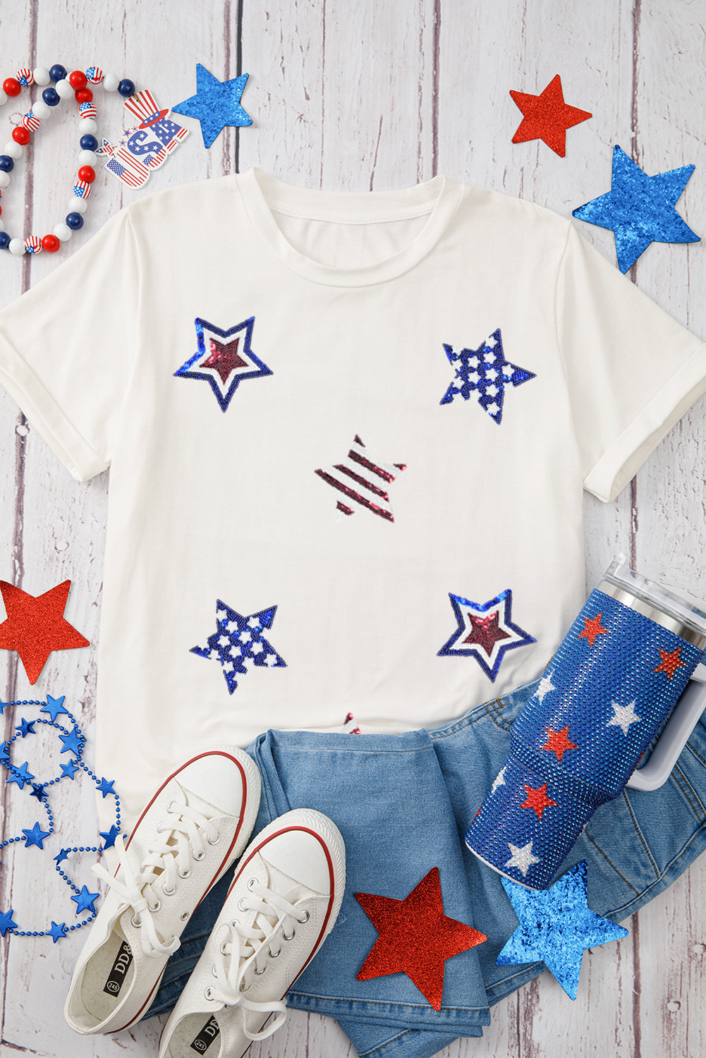 White USA Sequin Stars Patched Casual T Shirt Graphic Tees JT's Designer Fashion