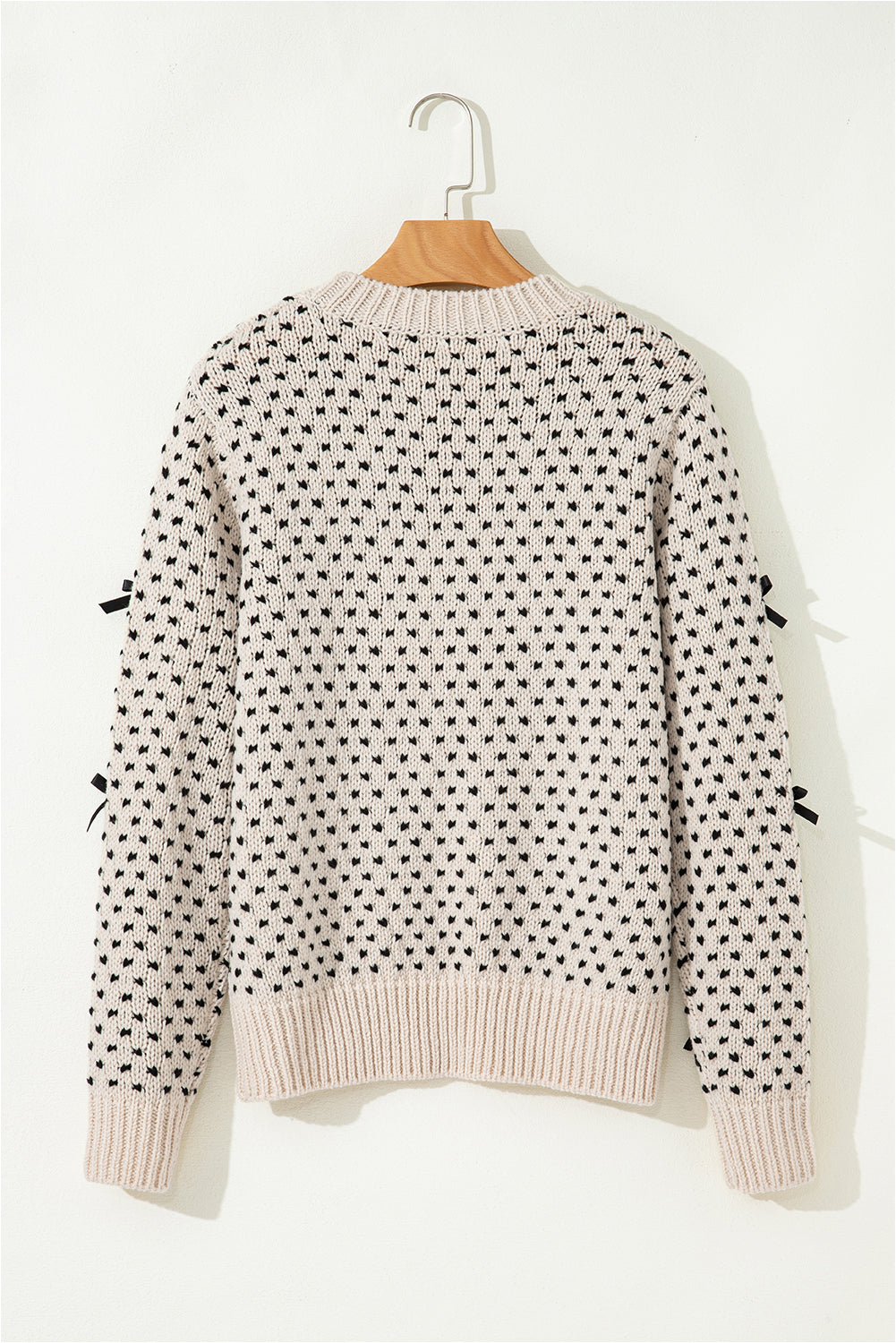 Beige Bow Decor Color Contrast Ribbed Edge Crew Neck Sweater Sweaters JT's Designer Fashion