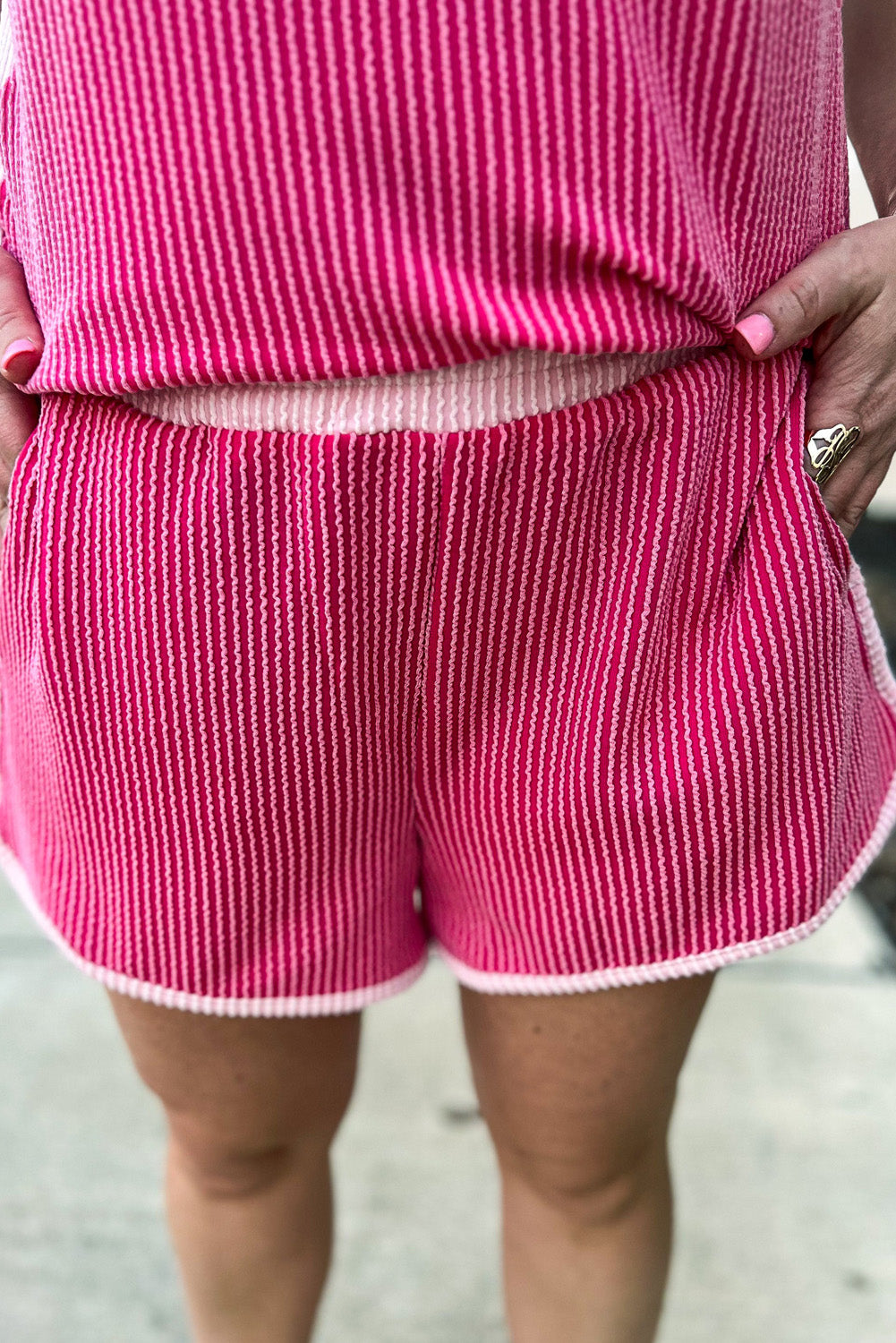 Rose Red 3D Spiral Ribbed Texture 2 Tones Patchwork Short Set Short Sets JT's Designer Fashion