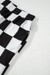 Black Checkerboard Elastic Waist Pocketed Joggers Pants & Culotte JT's Designer Fashion