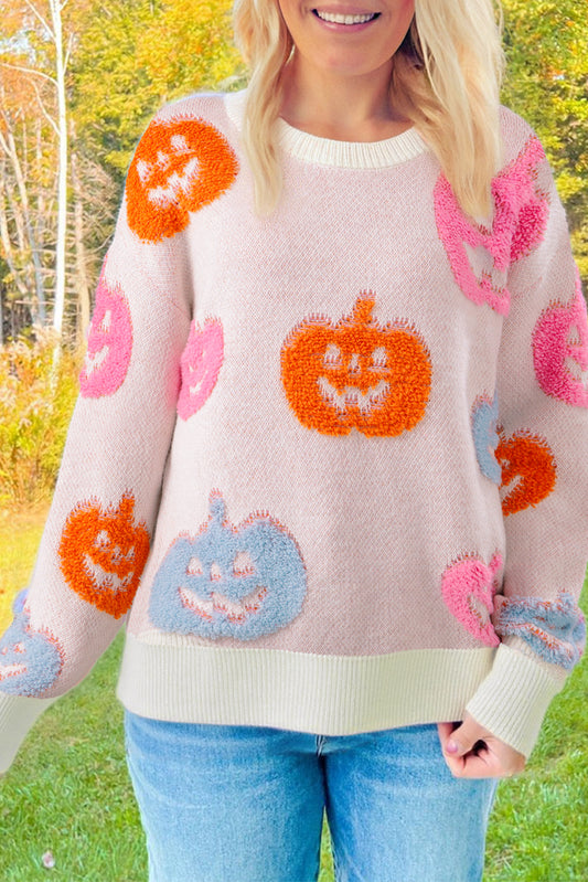 Beige Halloween Cute Pumpkin Pattern Sweater Beige 65%Acrylic+35%Polyamide Sweaters JT's Designer Fashion