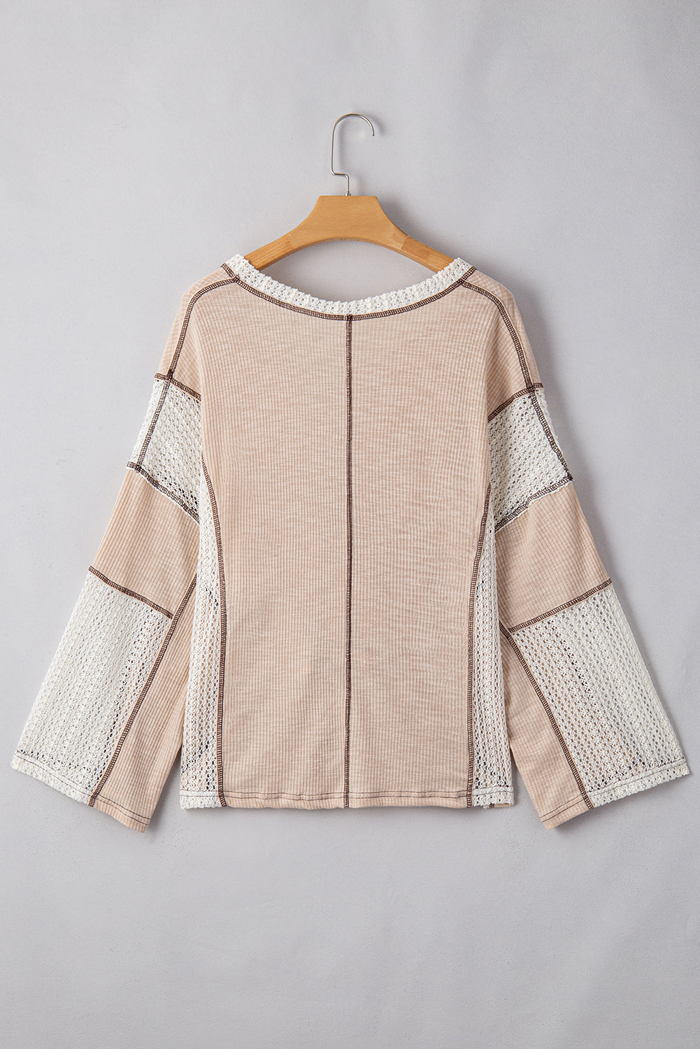 Parchment Crochet Detail Exposed Seam High Low Loose Top Long Sleeve Tops JT's Designer Fashion