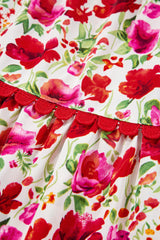 Red Floral Puff Sleeve Tiered Ric Rac Pocketed Mini Dress Floral Dresses JT's Designer Fashion