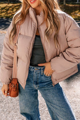 Apricot Pink Full Zipper Quilted Puffer Jacket Apricot Pink 100%Polyester Jackets JT's Designer Fashion