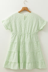 Green Stripe Textured Tiered Short Sleeve Loose Mini Dress Mini Dresses JT's Designer Fashion