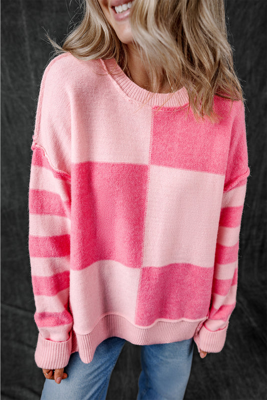 Pink Checkered Colorblock Striped High Low Loose Sweater Pink 42%Acrylic+30%Polyester+28%Polyamide Sweaters JT's Designer Fashion