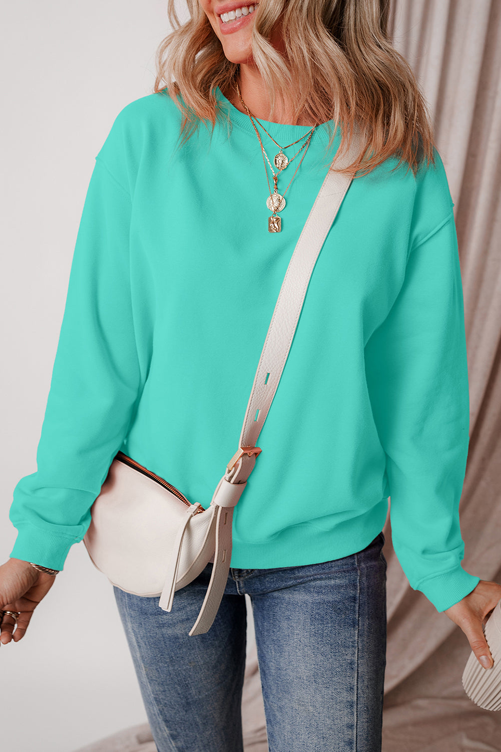 Aruba Blue Solid Fleece Lined Drop Shoulder Terry Sweatshirt Sweatshirts & Hoodies JT's Designer Fashion
