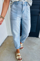 Beau Blue High Rise Barrel Relaxed Patch Pocket Jeans Jeans JT's Designer Fashion