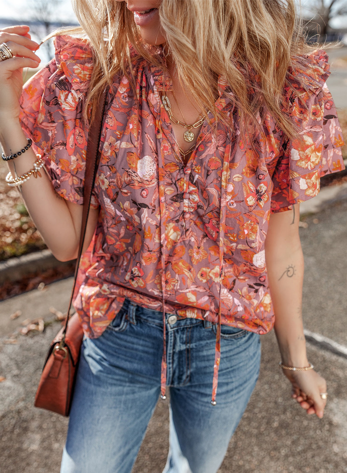 Orange Floral Print Ruffled Flutter Sleeve Frilled V Neck Blouse Blouses & Shirts JT's Designer Fashion