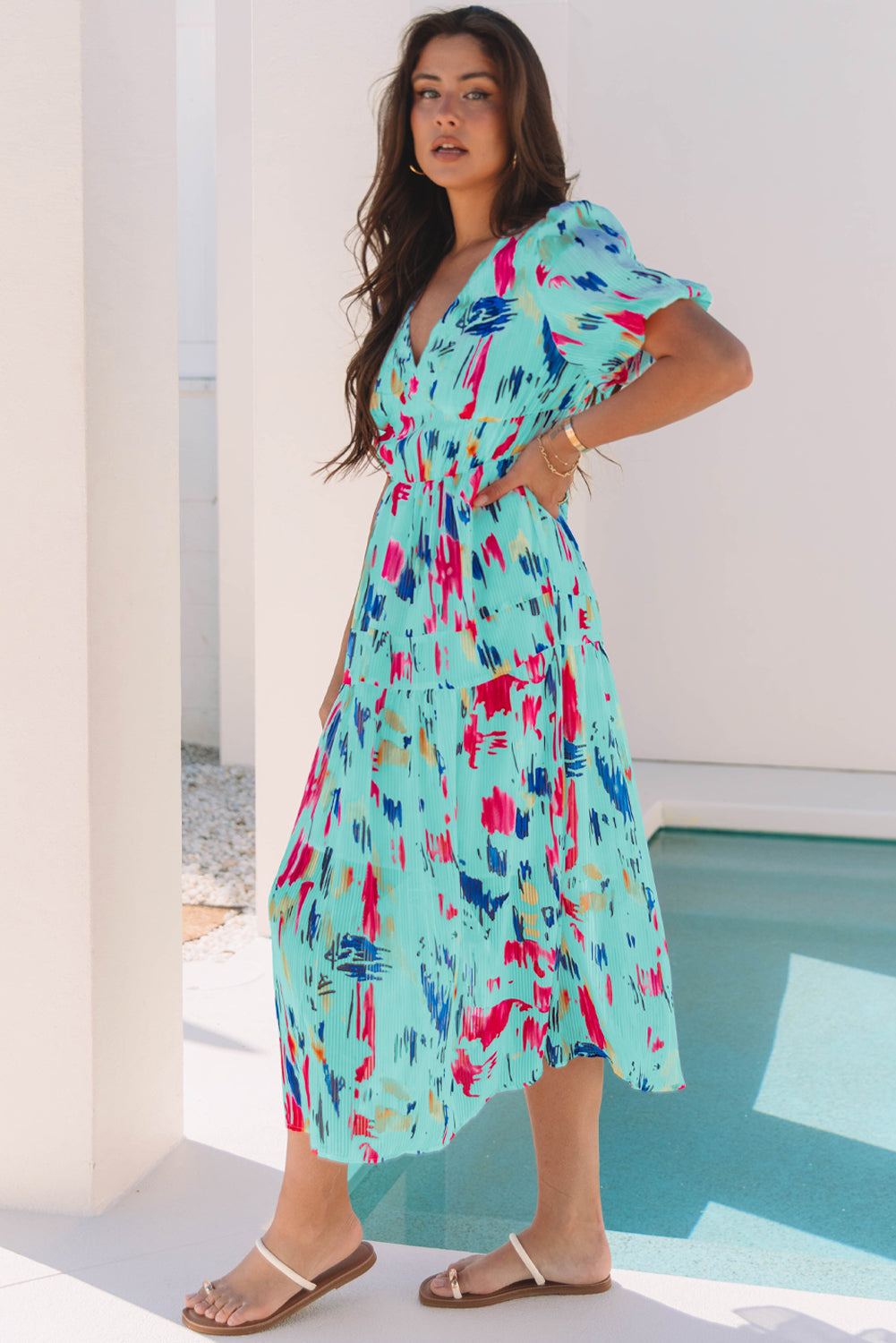 Sky Blue Abstract Print Short Puff Sleeve Tiered Long Dress Maxi Dresses JT's Designer Fashion