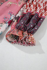Red Boho Geometric Mixed Print Patchwork Bubble Sleeve Shirt Blouses & Shirts JT's Designer Fashion