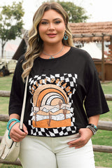 Black Checkerd DESERT DREAMS Printed Ripped Plus Size Tee Black 62%Polyester+32%Cotton+6%Elastane Plus Size Tops & Tees JT's Designer Fashion