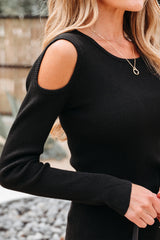 Black Ribbed Knit Cold Shoulder Sweater Sweaters JT's Designer Fashion
