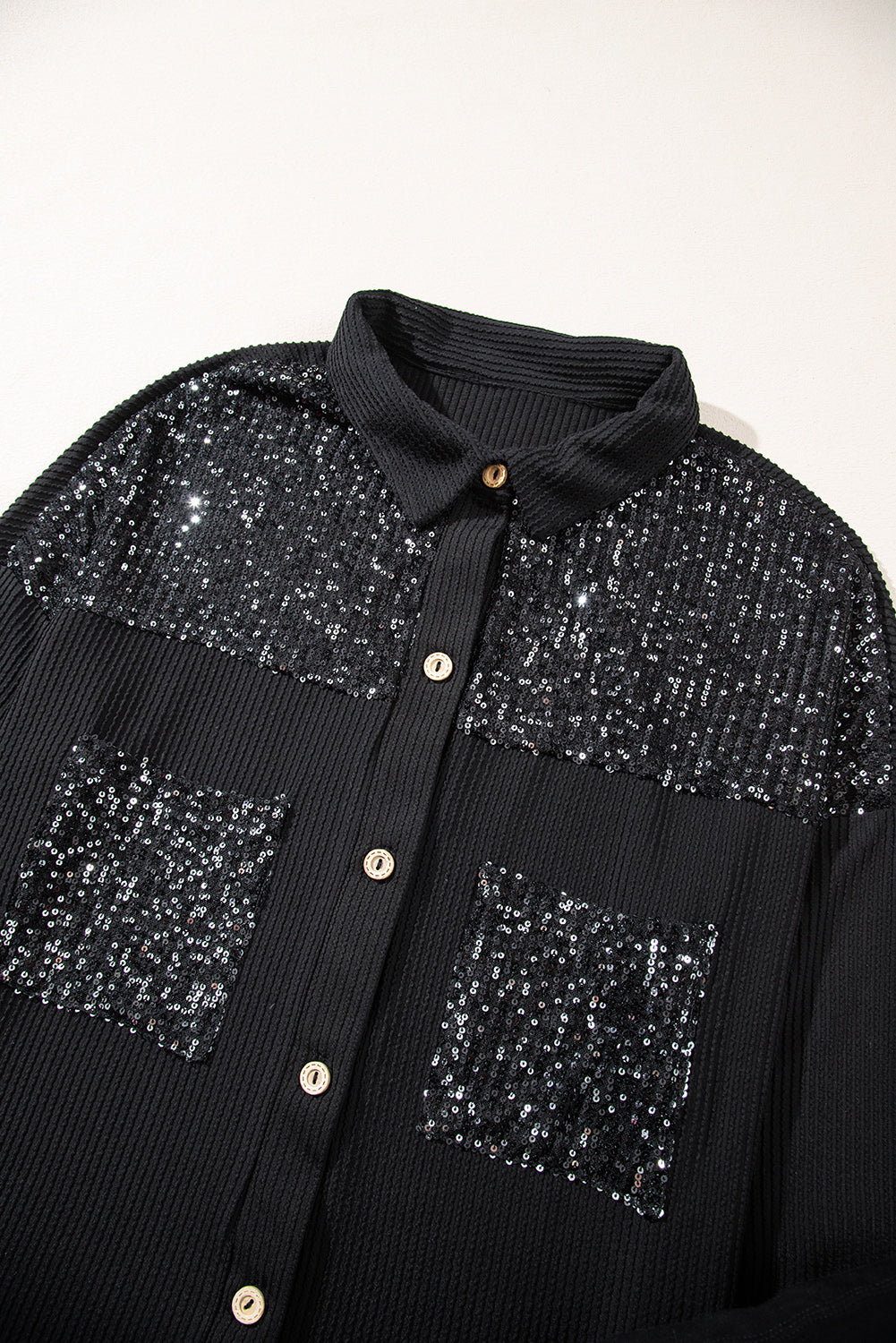 Black Sequin Patch Chest Pocket Corded Shacket Jackets JT's Designer Fashion